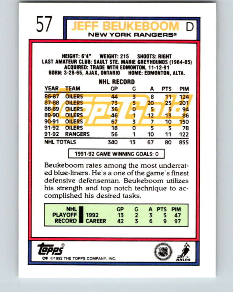 1992-93 Topps Gold #57G Jeff Beukeboom Mint New York Rangers  Image 2