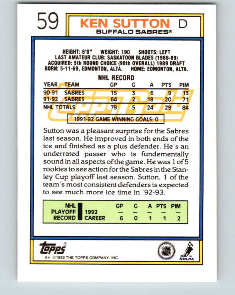 1992-93 Topps Gold #59G Ken Sutton Mint Buffalo Sabres