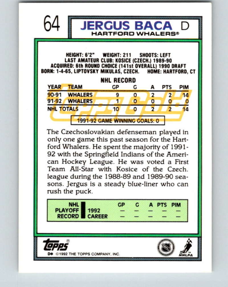 1992-93 Topps Gold #64G Jergus Baca Mint Hartford Whalers