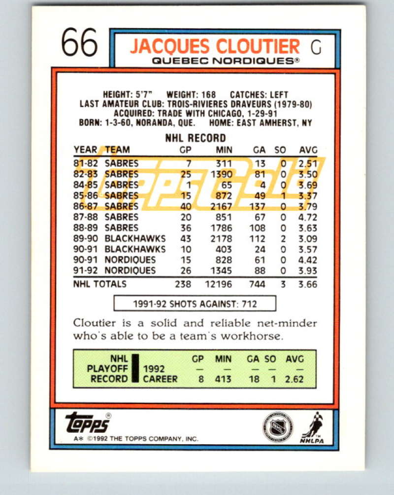 1992-93 Topps Gold #66G Jacques Cloutier Mint Quebec Nordiques