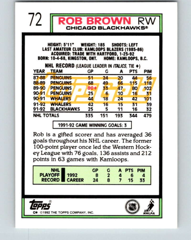 1992-93 Topps Gold #72G Rob Brown Mint Chicago Blackhawks  Image 2