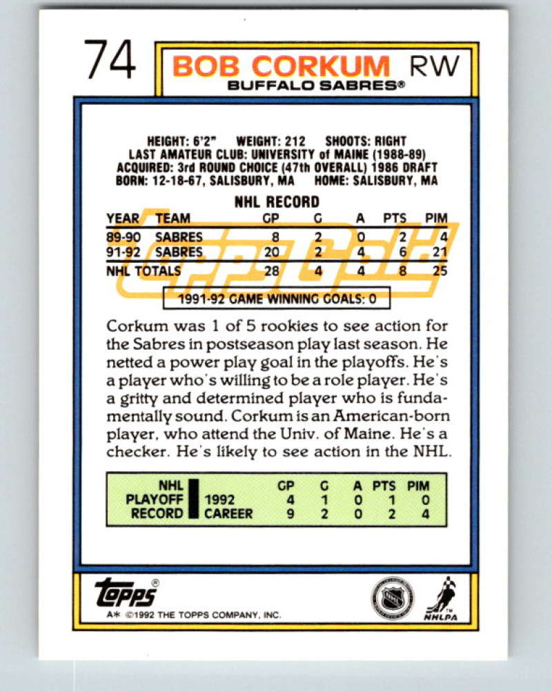 1992-93 Topps Gold #74G Bob Corkum Mint Buffalo Sabres