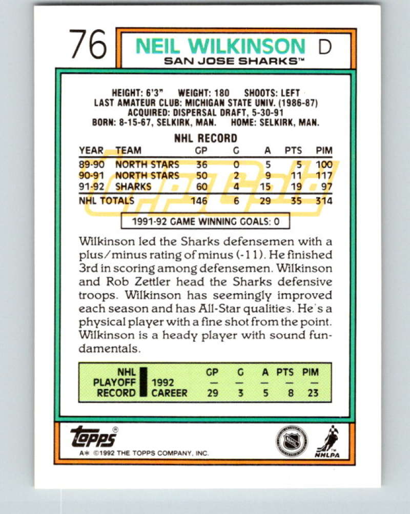 1992-93 Topps Gold #76G Neil Wilkinson Mint San Jose Sharks