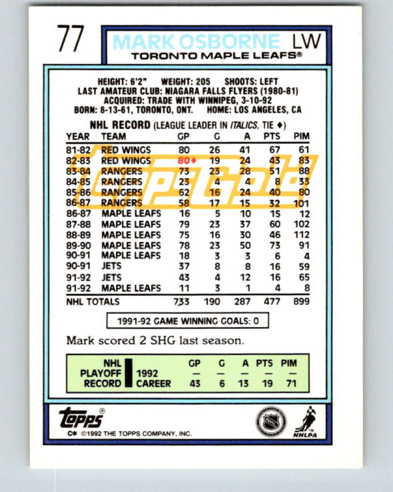 1992-93 Topps Gold #77G Mark Osborne Mint Toronto Maple Leafs