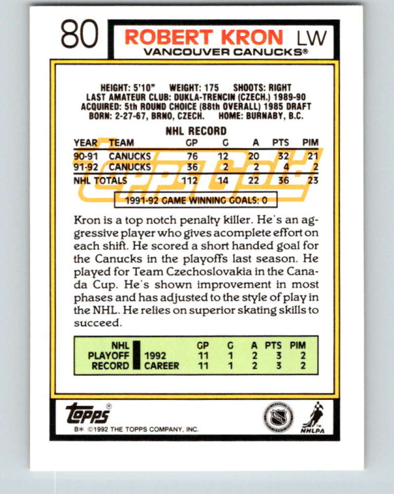 1992-93 Topps Gold #80G Robert Kron Mint Vancouver Canucks
