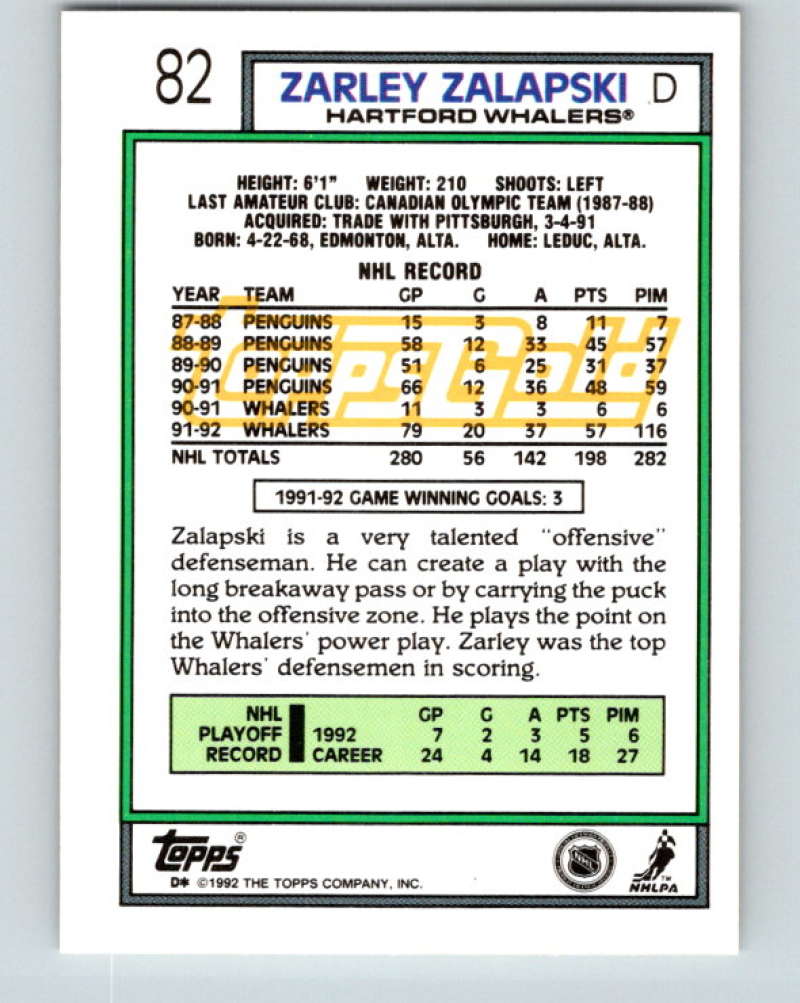 1992-93 Topps Gold #82G Zarley Zalapski Mint Hartford Whalers