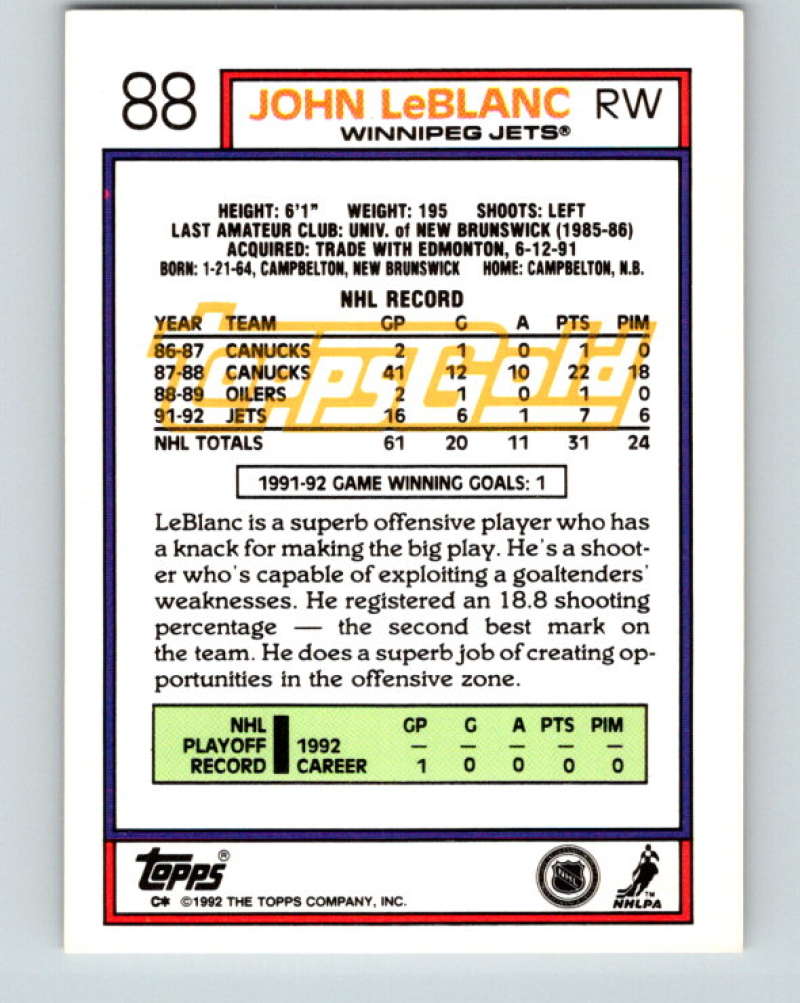 1992-93 Topps Gold #88G John LeBlanc Mint Winnipeg Jets