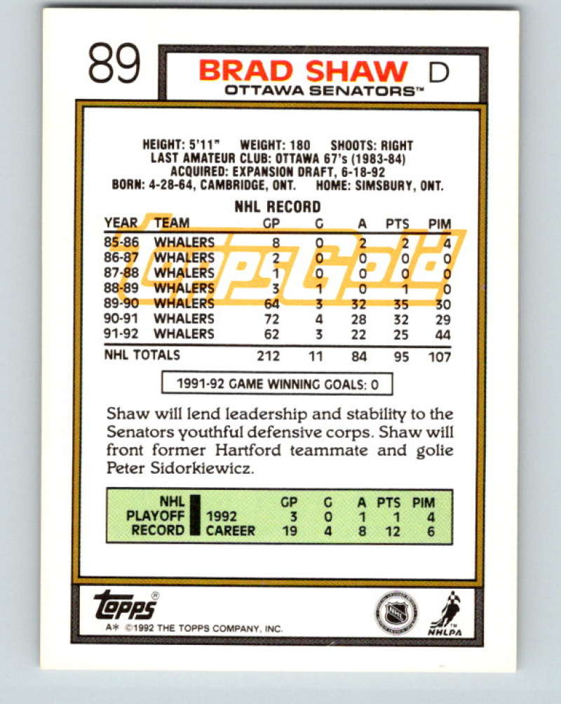 1992-93 Topps Gold #89G Brad Shaw Mint Ottawa Senators  Image 2