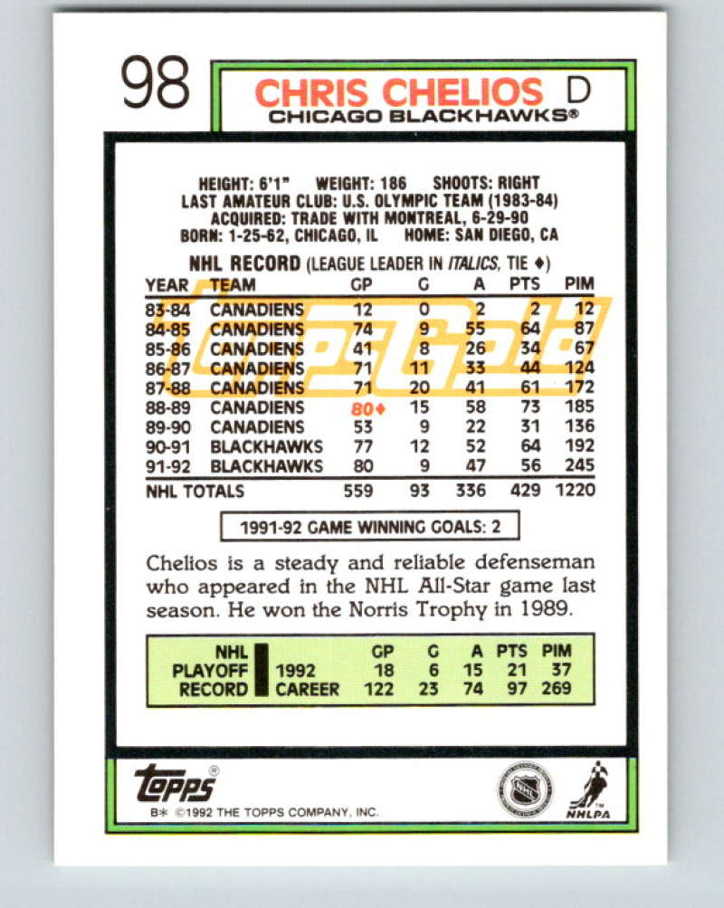 1992-93 Topps Gold #98G Chris Chelios Mint Chicago Blackhawks