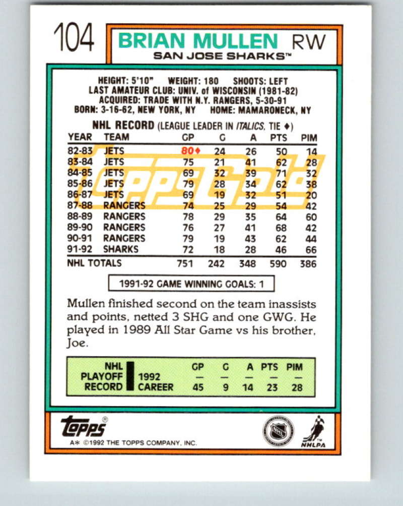 1992-93 Topps Gold #104G Brian Mullen Mint Winnipeg Jets  Image 2
