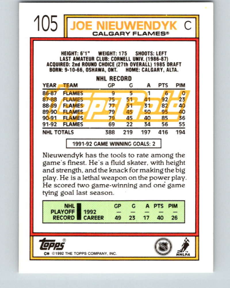1992-93 Topps Gold #105G Joe Nieuwendyk Mint Calgary Flames