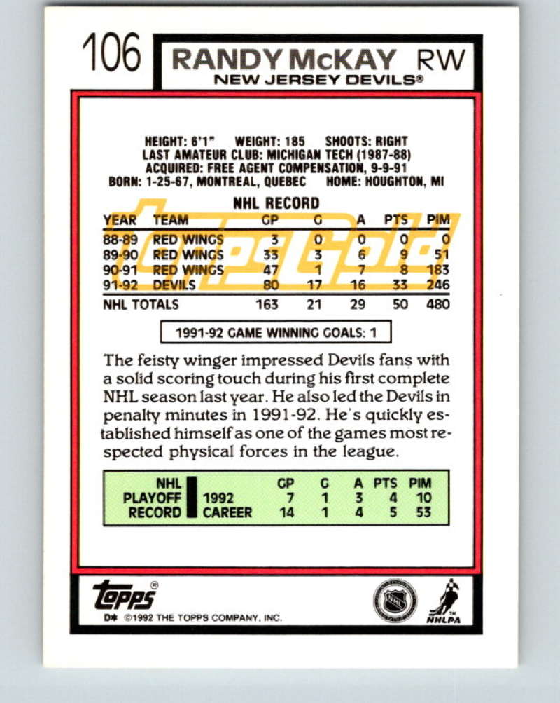 1992-93 Topps Gold #106G Randy McKay Mint New Jersey Devils