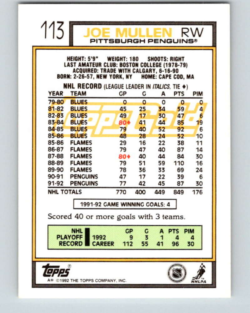 1992-93 Topps Gold #113G Joe Mullen Mint Pittsburgh Penguins