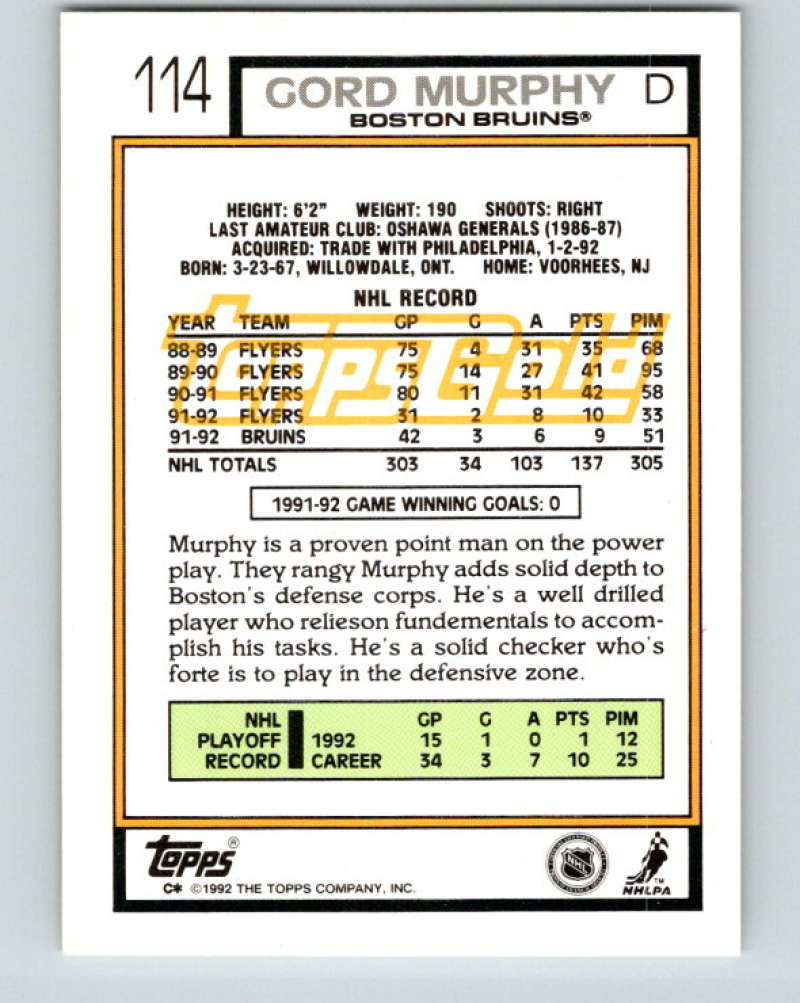1992-93 Topps Gold #114G Gord Murphy Mint Boston Bruins