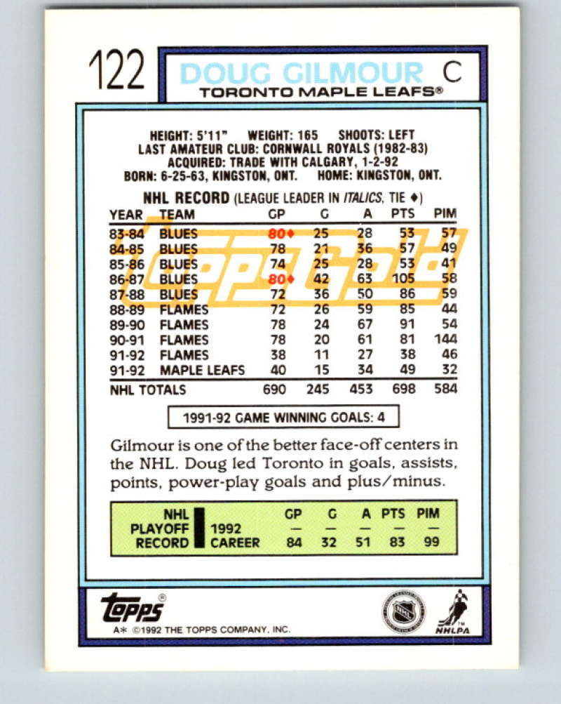 1992-93 Topps Gold #122G Doug Gilmour Mint Toronto Maple Leafs