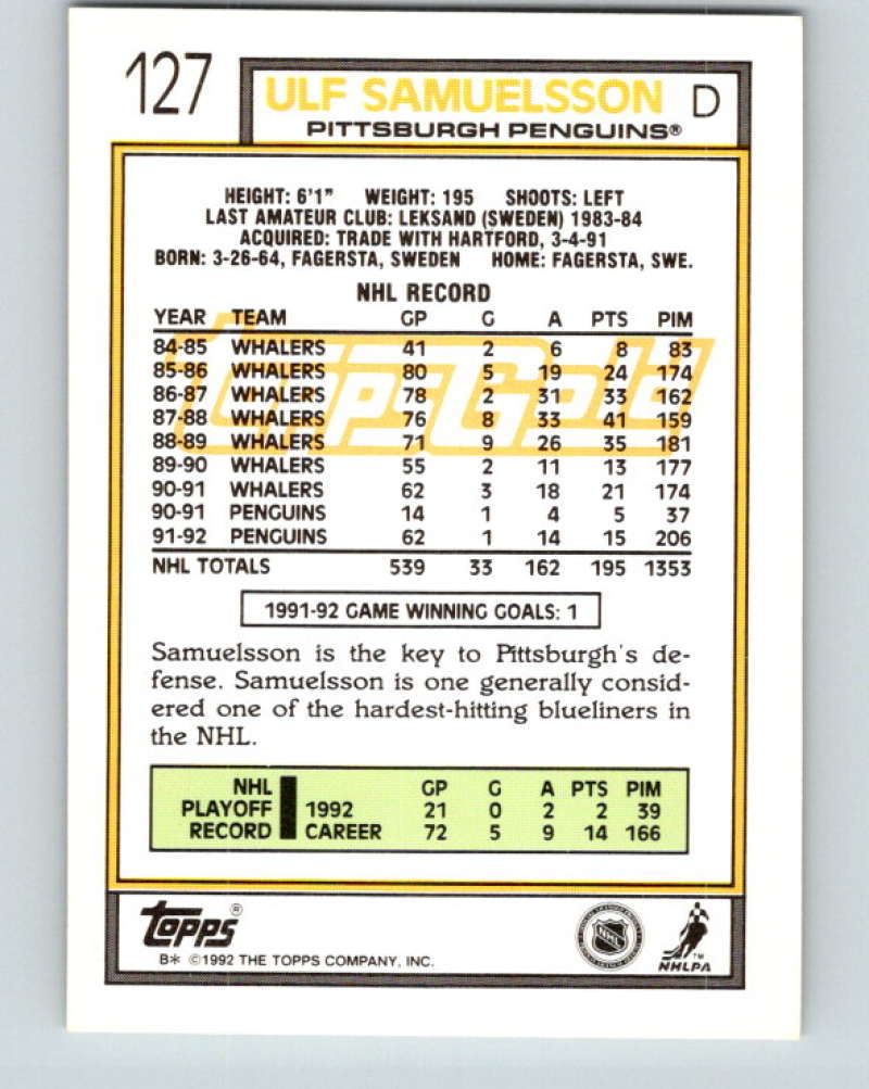 1992-93 Topps Gold #127G Ulf Samuelsson Mint Pittsburgh Penguins