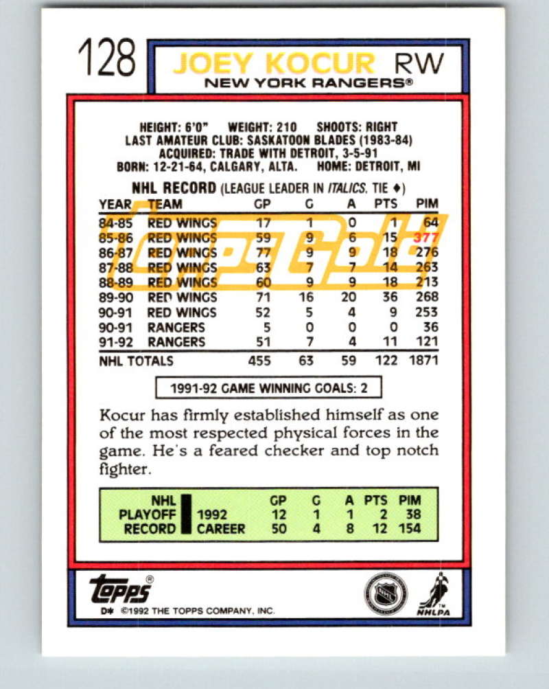1992-93 Topps Gold #128G Joey Kocur Mint New York Rangers