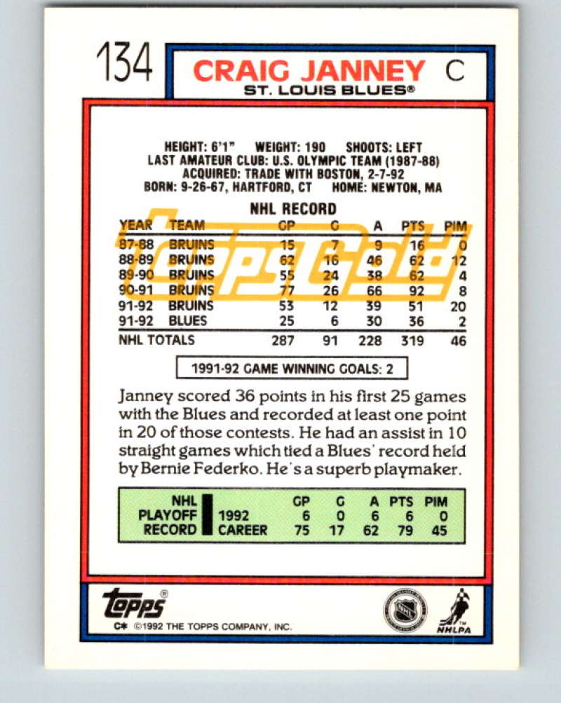 1992-93 Topps Gold #134G Craig Janney Mint St. Louis Blues