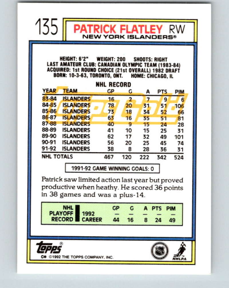 1992-93 Topps Gold #135G Patrick Flatley Mint New York Islanders  Image 2