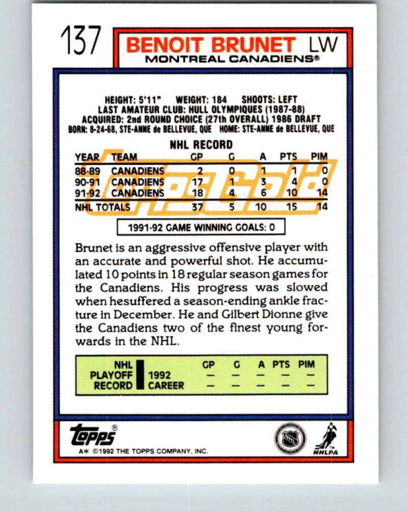 1992-93 Topps Gold #137G Benoit Brunet Mint Montreal Canadiens  Image 2