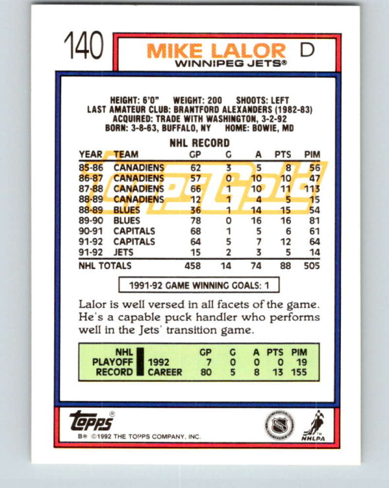 1992-93 Topps Gold #140G Mike Lalor Mint Winnipeg Jets  Image 2