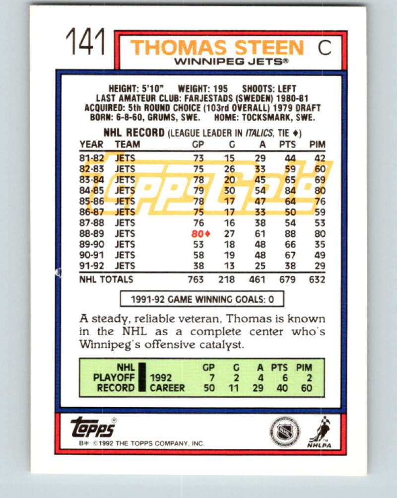 1992-93 Topps Gold #141G Thomas Steen Mint Winnipeg Jets  Image 2