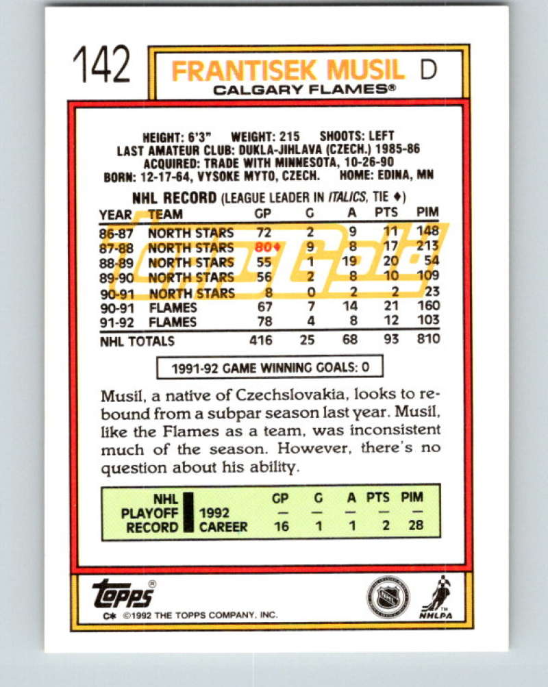1992-93 Topps Gold #142G Frank Musil Mint Calgary Flames  Image 2