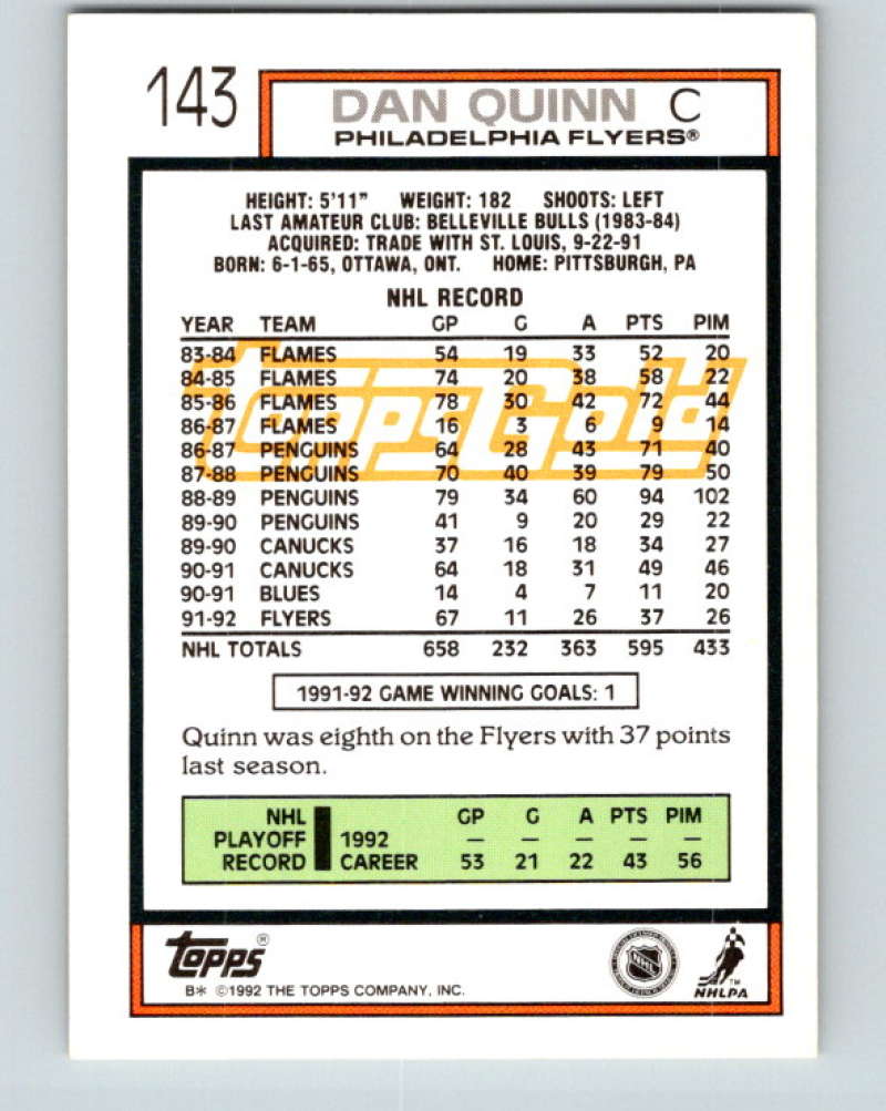 1992-93 Topps Gold #143G Dan Quinn Mint Philadelphia Flyers