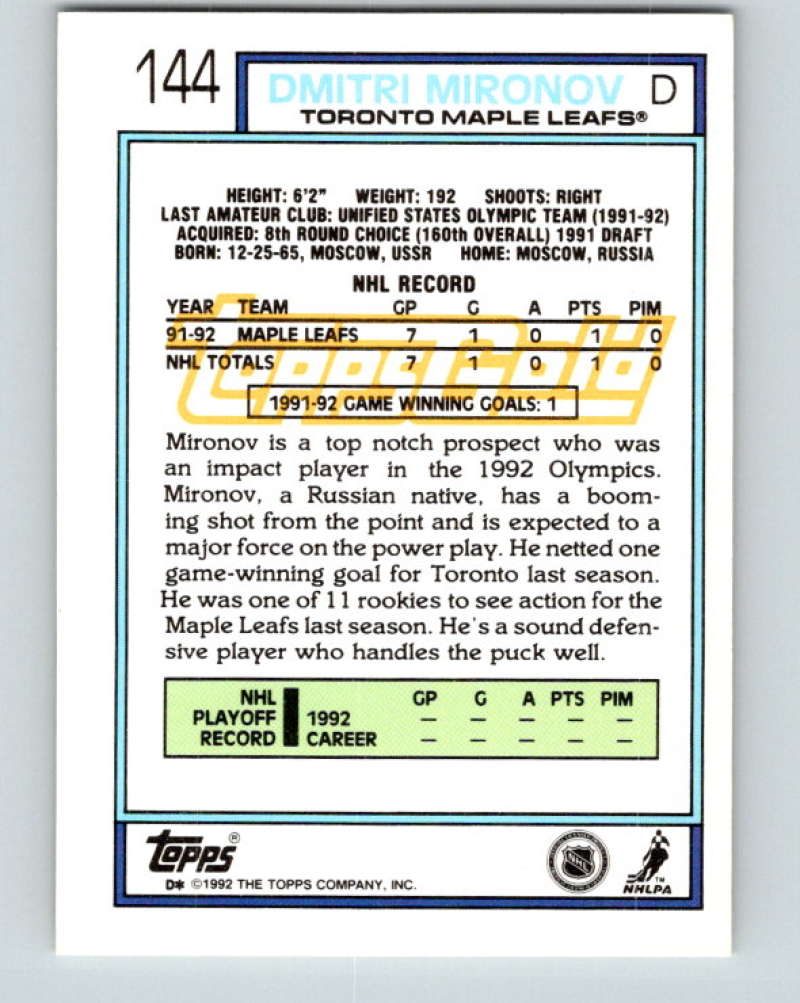 1992-93 Topps Gold #144G Dmitri Mironov Mint Toronto Maple Leafs