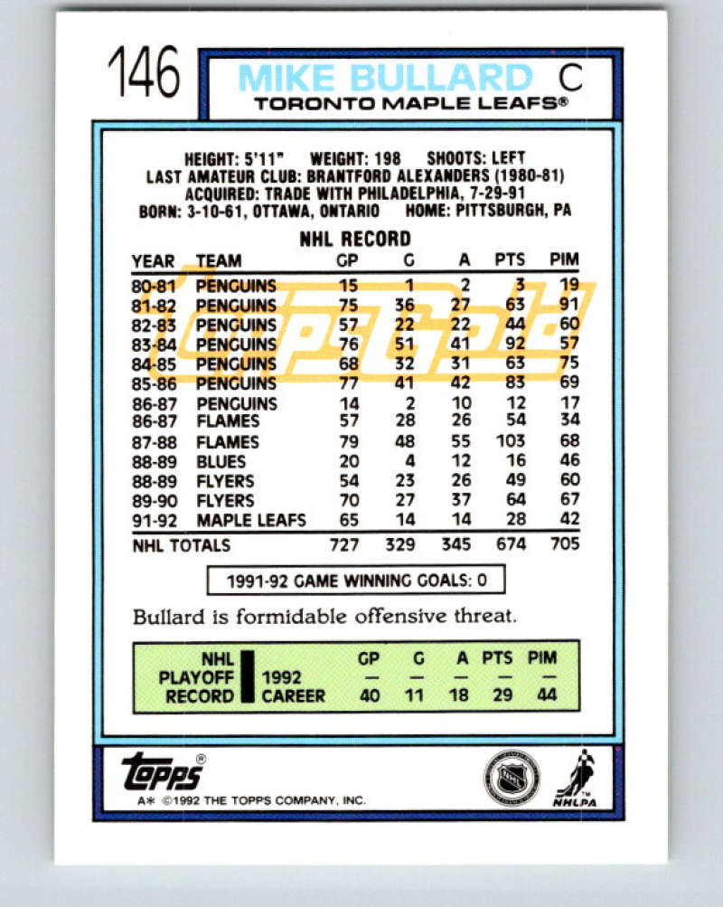 1992-93 Topps Gold #146G Mike Bullard Mint Toronto Maple Leafs