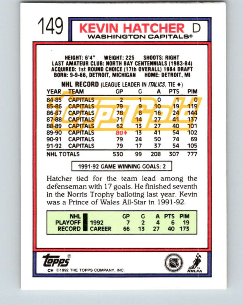 1992-93 Topps Gold #149G Kevin Hatcher Mint Washington Capitals  Image 2