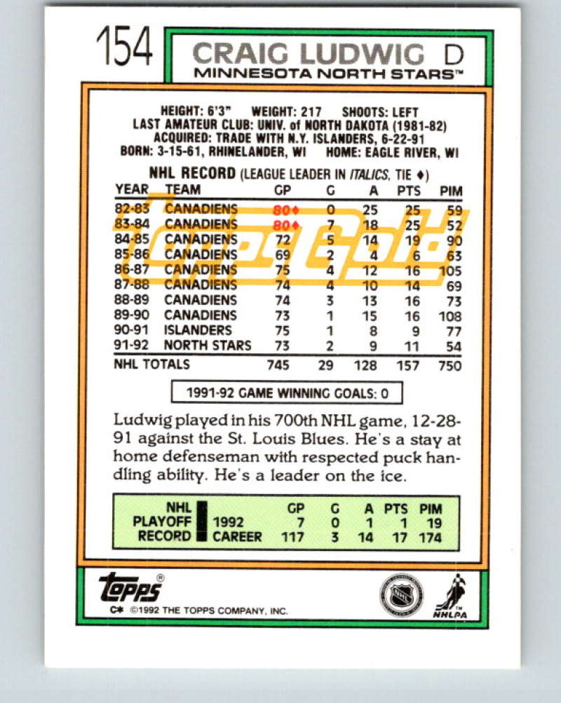1992-93 Topps Gold #154G Craig Ludwig Mint Minnesota North Stars