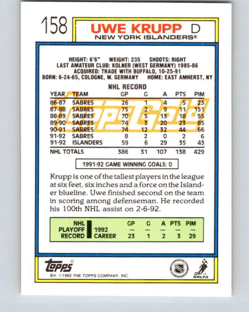 1992-93 Topps Gold #158G Uwe Krupp Mint New York Islanders  Image 2