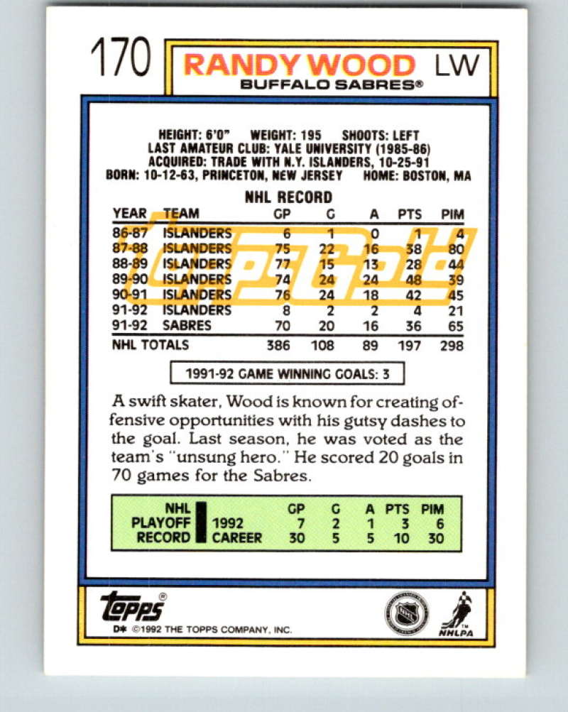 1992-93 Topps Gold #170G Randy Wood Mint Buffalo Sabres