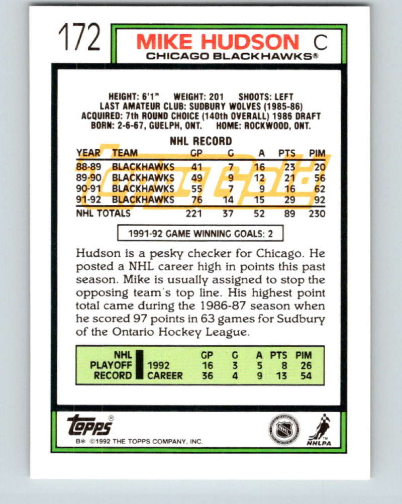 1992-93 Topps Gold #172G Mike Hudson Mint Chicago Blackhawks