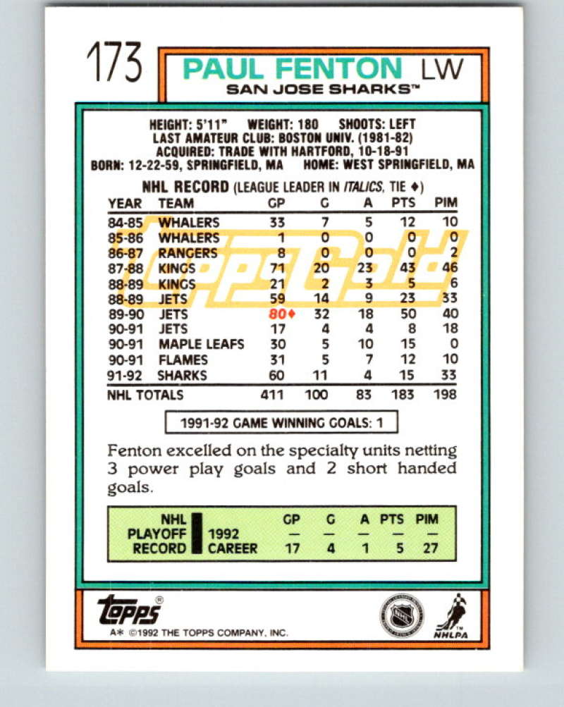 1992-93 Topps Gold #173G Paul Fenton Mint San Jose Sharks