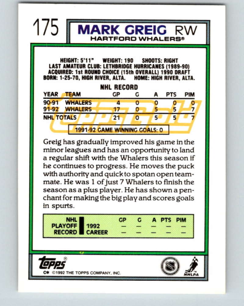 1992-93 Topps Gold #175G Mark Greig Mint Hartford Whalers