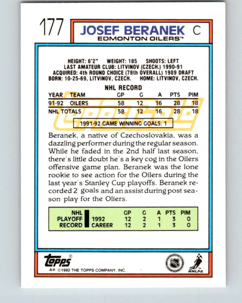 1992-93 Topps Gold #177G Josef Beranek Mint Edmonton Oilers  Image 2