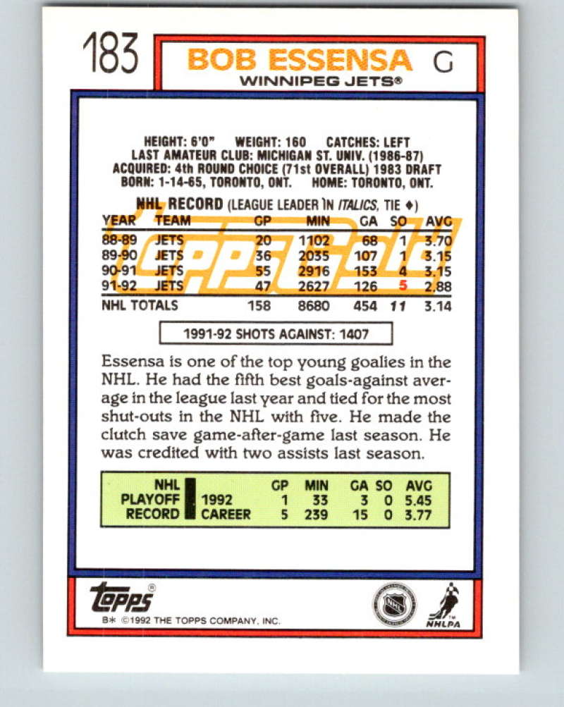 1992-93 Topps Gold #183G Bob Essensa Mint Winnipeg Jets