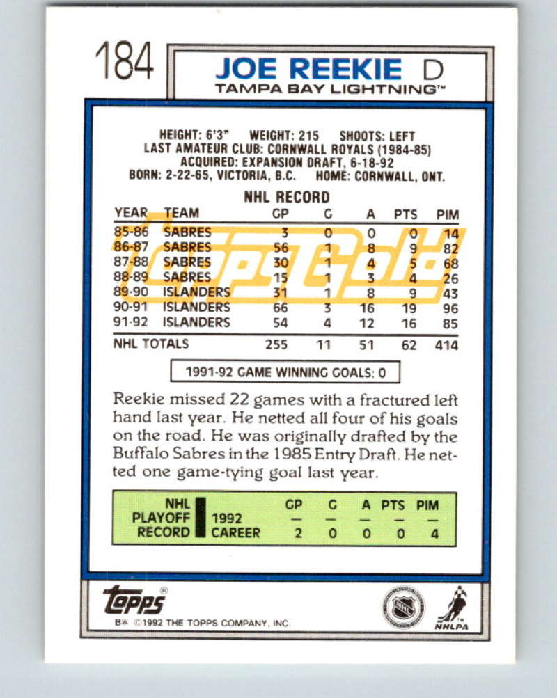 1992-93 Topps Gold #184G Joe Reekie Mint Tampa Bay Lightning