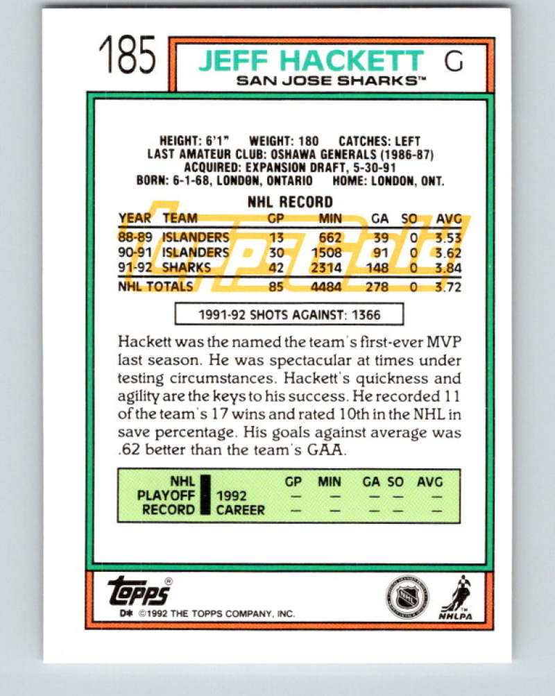 1992-93 Topps Gold #185G Jeff Hackett Mint San Jose Sharks  Image 2