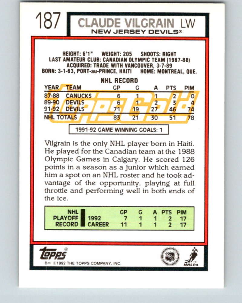 1992-93 Topps Gold #187G Claude Vilgrain Mint New Jersey Devils  Image 2