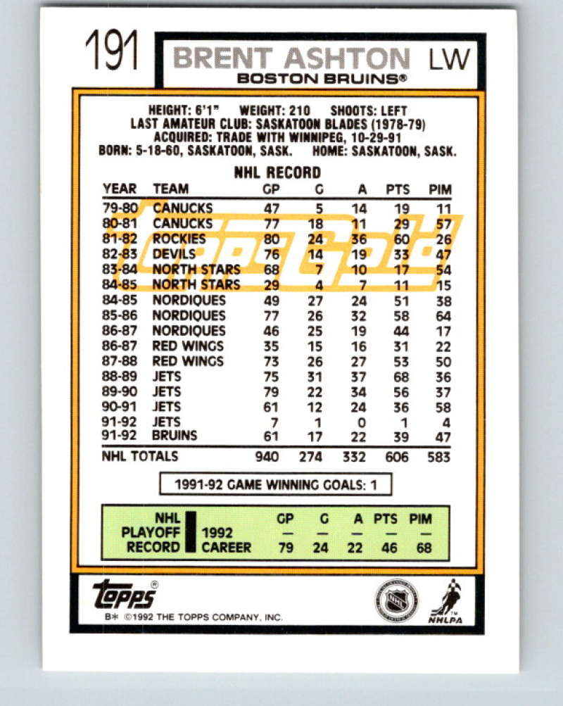 1992-93 Topps Gold #191G Brent Ashton Mint Boston Bruins