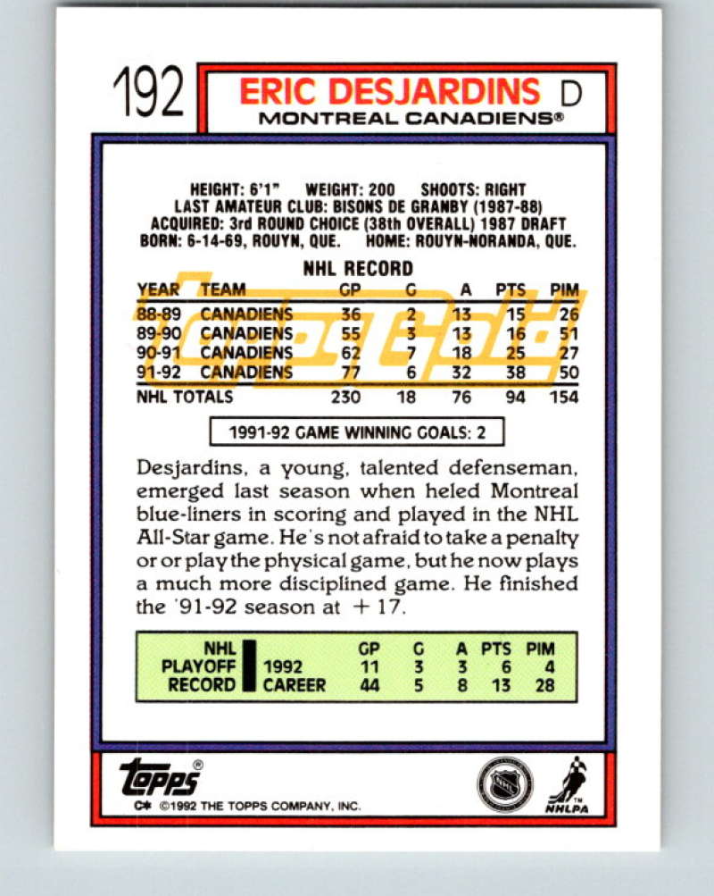1992-93 Topps Gold #192G Eric Desjardins Mint Montreal Canadiens