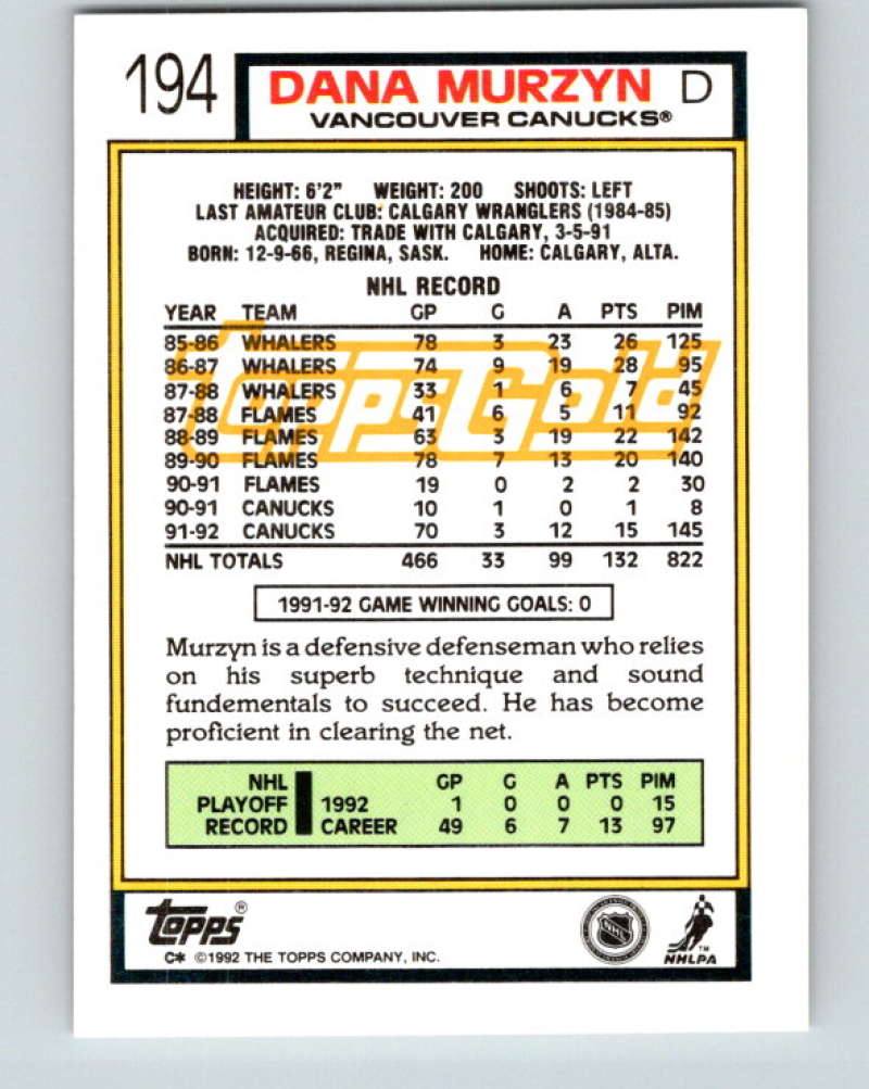 1992-93 Topps Gold #194G Dana Murzyn Mint Vancouver Canucks  Image 2