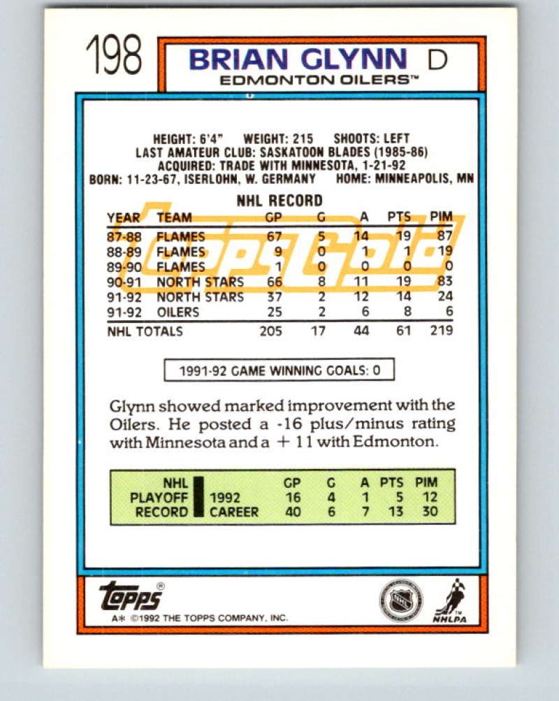 1992-93 Topps Gold #198G Brian Glynn Mint Edmonton Oilers  Image 2