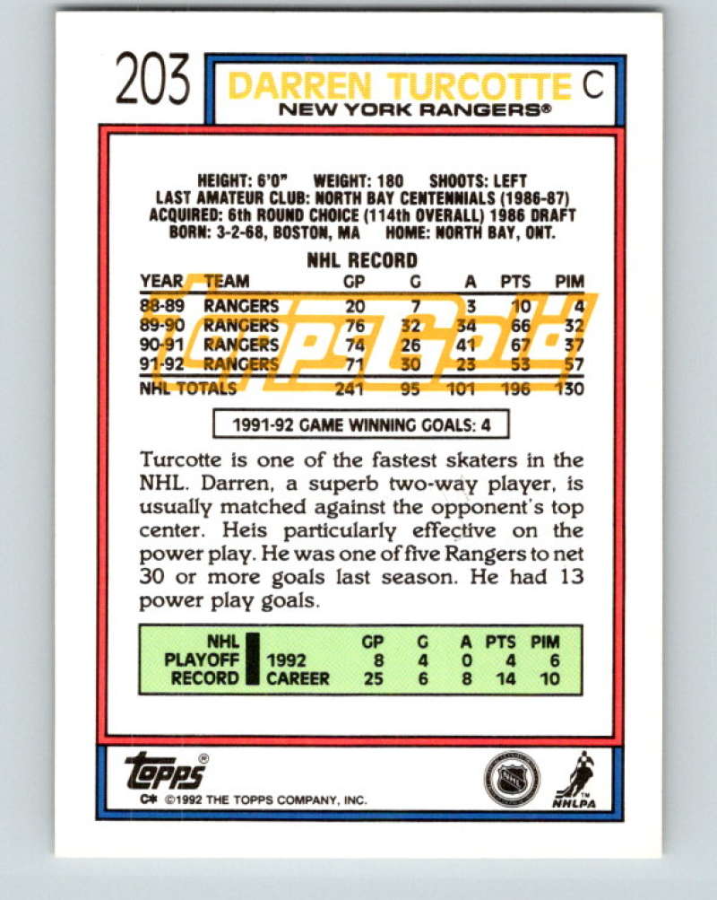 1992-93 Topps Gold #203G Darren Turcotte Mint New York Rangers  Image 2