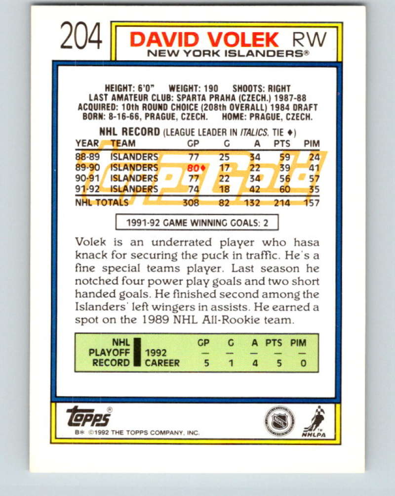 1992-93 Topps Gold #204G David Volek Mint New York Islanders  Image 2