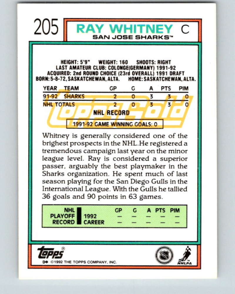 1992-93 Topps Gold #205G Ray Whitney Mint San Jose Sharks  Image 2
