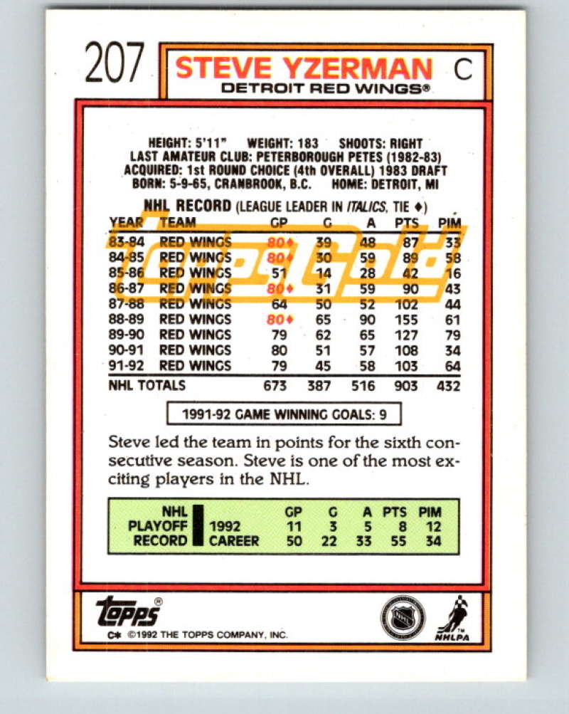 1992-93 Topps Gold #207G Steve Yzerman Mint Detroit Red Wings